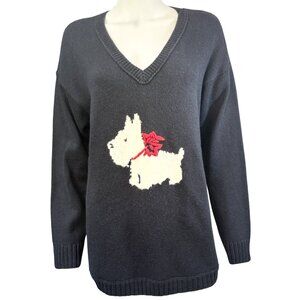 J. Jill Womens V-Neck Sweater Textured Dog Design Navy Medium Cotton Blend